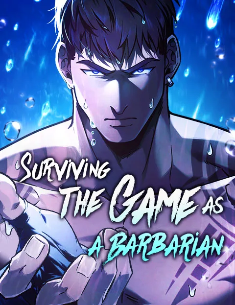 The Surviving the Game as a Barbarian WEBTOON poster: Bjorn, soaked by rain, glares out with glowing blue eyes under the English title