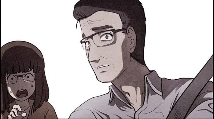 Sweet Home prologue panel: Hyun's father at the wheel and his sister in the back seat, both turning in alarm