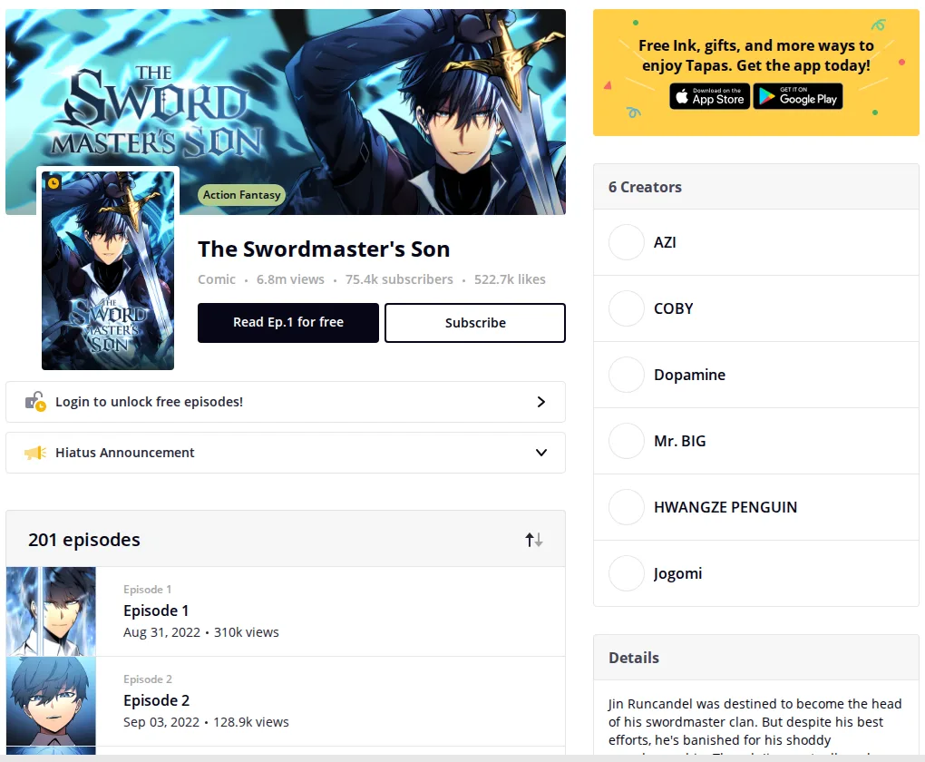 Tapas series page for The Swordmaster's Son showing 201 episodes, oldest first, with Episode 1 dated Aug 31, 2022 and the six credited creators listed on the right