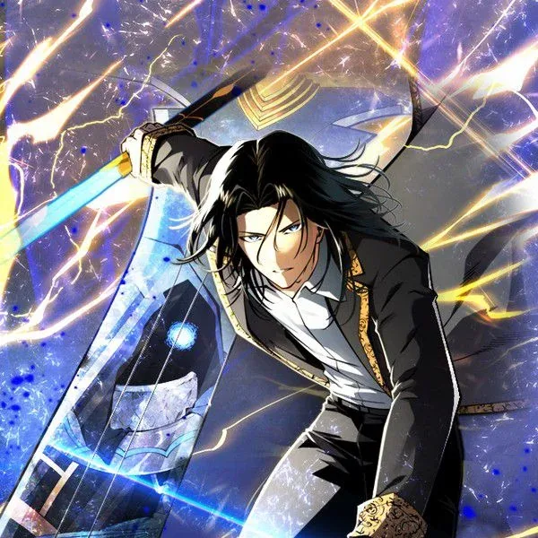 Jin Runcandel with long black hair and a gold-trimmed black coat lunges forward holding a glowing blue sword, a giant blade and yellow lightning behind him