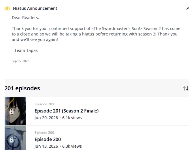 Tapas page for The Swordmaster's Son showing the Hiatus Announcement dated Sep 05, 2026 above the episode list, with Episode 201 (Season 2 Finale) from Jun 20, 2026 at the top