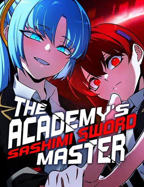 The Academy's Sashimi Sword Master English poster: a blue-haired student grinning beside a red-haired student with red eyes, both in black school blazers