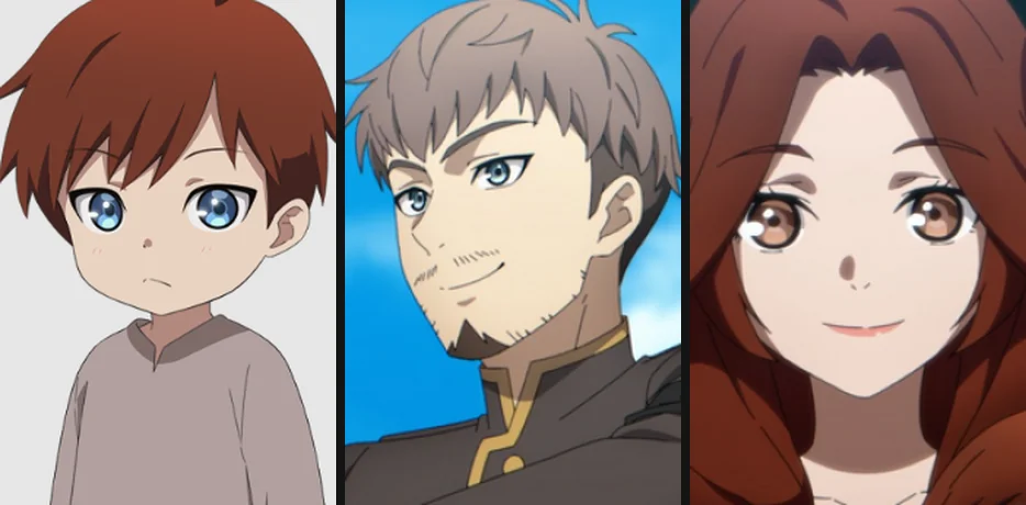 Left to right: Arthur Leywin as a child, his father Reynolds Leywin, and his mother Alice Leywin, official character portraits