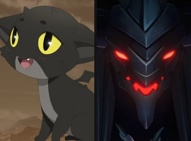 Side by side: Sylvie, a small dark dragon with wide yellow eyes, beside Sylvia, an imposing armored elder dragon with glowing red eyes