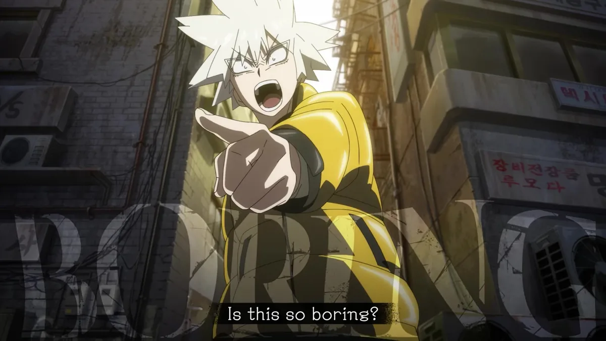 A white-haired young man in a yellow jacket points and shouts in a narrow alley, with the subtitle Is this so boring, from The Boxer anime trailer