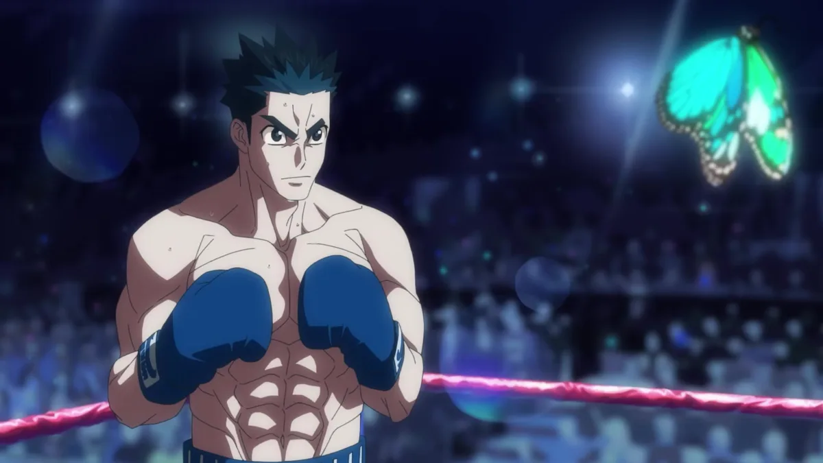 A boxer in blue gloves raises his guard in a crowded arena while a glowing butterfly drifts past, from The Boxer anime trailer