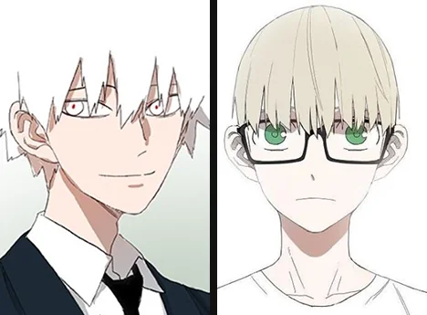 Ryu Baeksan and Injae from The Boxer: Ryu with spiked white hair and red pupils in a school uniform, Injae with a blond bob, glasses and green eyes