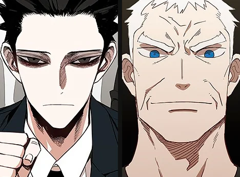 Yu and K side by side from The Boxer: Yu with spiked black hair and dark, heavy-lidded eyes in a black suit, K with white hair, blue eyes and a deeply lined face