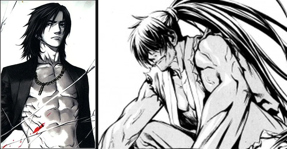 Side-by-side AniList character portraits of Chun-Woo Han in an open black coat with a chain necklace, and his late master Un-Wol shown hunched in profile