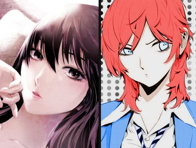 Side-by-side AniList character portraits of Sera Kang in close-up soft lighting, and Jin-le Kwon with red hair in a school uniform