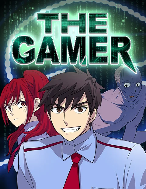WEBTOON English cover of The Gamer: Jihan in a white school shirt and red tie grins in front of a red-haired girl and a pale, bulging-eyed creature under a glowing green THE GAMER logo