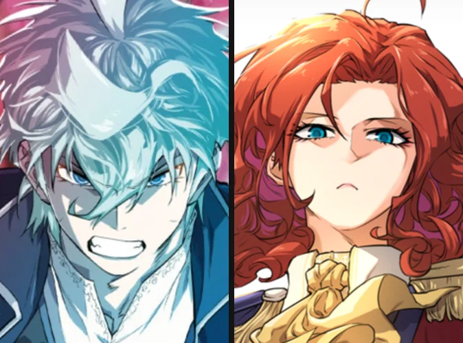 Official AniList character portraits side by side. Javier Asrahan with pale blue hair and a hard stare on the left, Alicia Termina Magentano with red hair and a royal gold collar on the right.