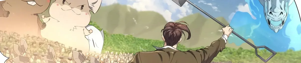 Banner artwork from The Greatest Estate Developer showing the estate landscape and key characters across the story's three arcs