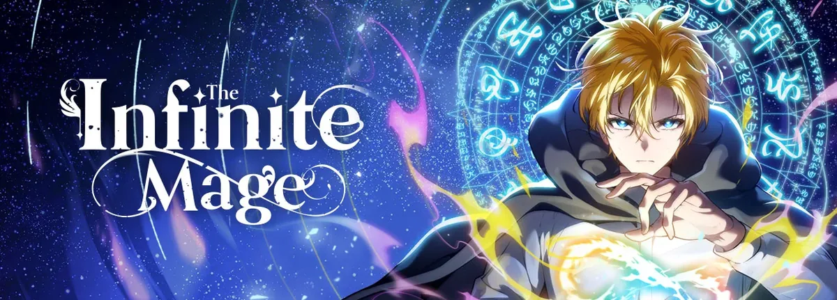 The Infinite Mage Tapas banner: blond Sirone in a dark cloak conjures crackling light in front of a glowing blue magic circle