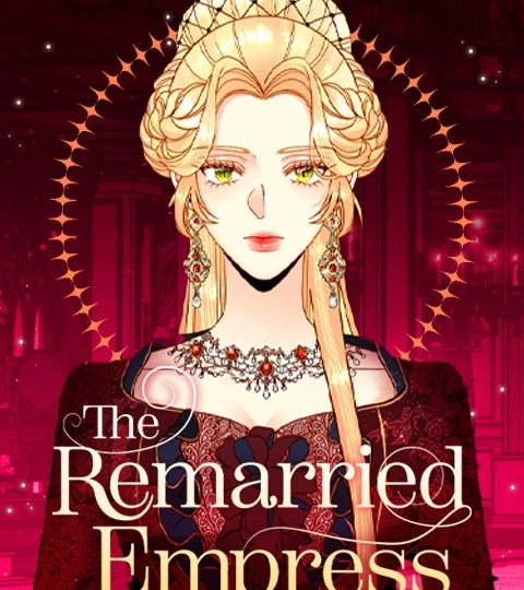 The Remarried Empress WEBTOON poster: Navier with golden hair and a jeweled necklace against a red, ornate background under the English title