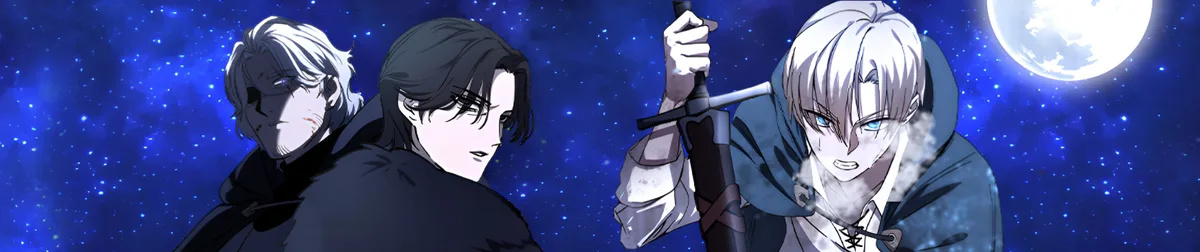 Wide promotional banner art from The Stellar Swordmaster showing Vlad mid-duel, with the webtoon's gritty linework and lighting