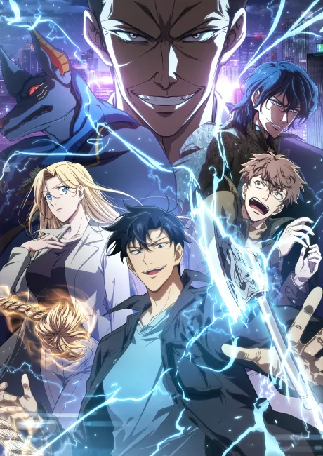 Tomb Raider King anime key visual: a grinning dark-haired young man in a jacket in front, a blonde woman, a laughing man in glasses and a dark-haired man around him, a giant smiling figure and a jackal-headed creature above, blue lightning everywhere