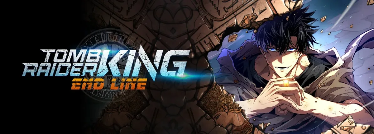Tomb Raider King: End Line banner: the dark-haired hero smiles with his hands clasped and a gold ring on one finger, stone ruins cracking behind him, title on the left