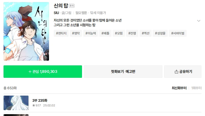 Naver Webtoon 신의 탑 page showing the 휴재 hiatus badge, SIU credit, 총 653화 total and the latest entry 3부 235화 dated 25.02.02