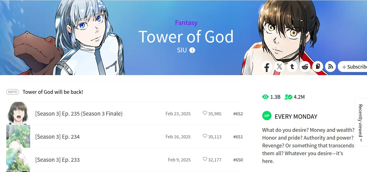 English WEBTOON Tower of God page with the note Tower of God will be back, the Season 3 finale dated Feb 23, 2025 at #652, and an Every Monday label