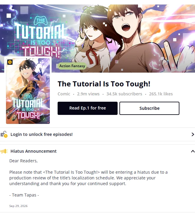 Screenshot of the Tapas series page for The Tutorial Is Too Tough!, with the Hiatus Announcement expanded and the 273-episode count below