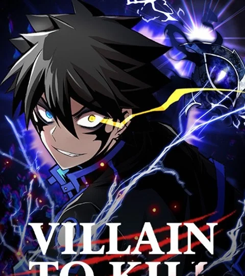 Villain to Kill English series cover: the black-haired lead grinning with one blue eye and one glowing yellow eye, lightning around him and the title in large white letters