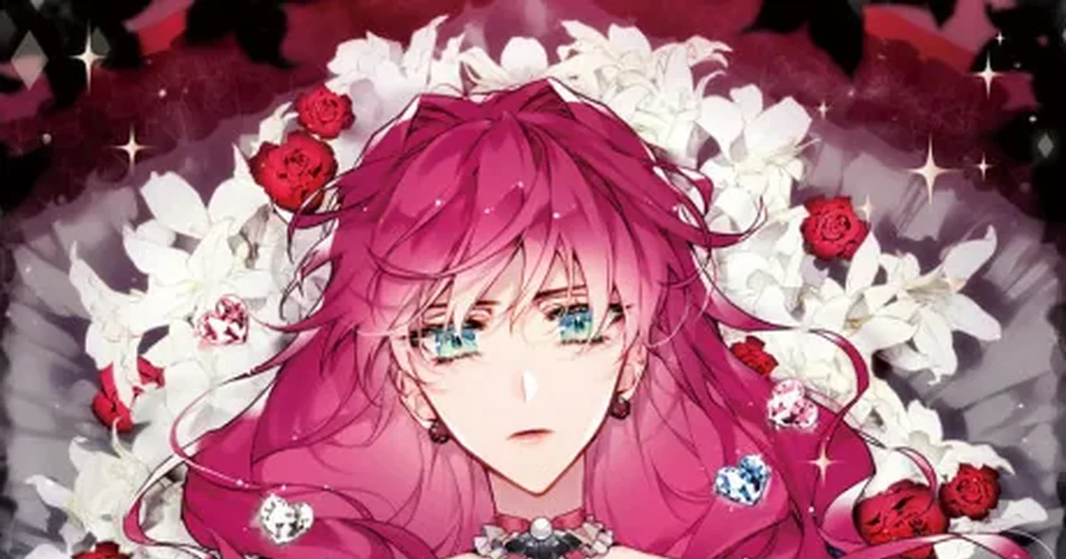 Penelope Eckhart's face framed by long magenta hair, white lilies, and red roses, her turquoise eyes and jeweled accessories catching the light