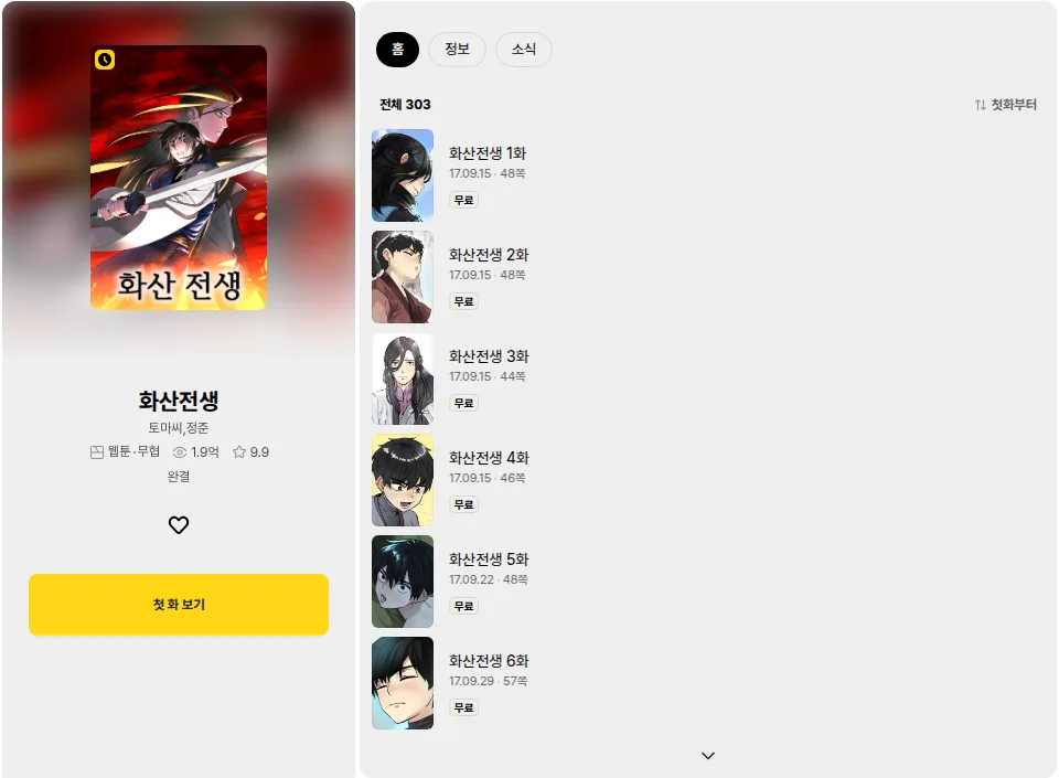 KakaoPage listing for 화산전생 with the credit 토마씨, 정준, the 웹툰·무협 label, 1.9억 views, a 9.9 rating, the 완결 completed tag and 전체 303 episodes