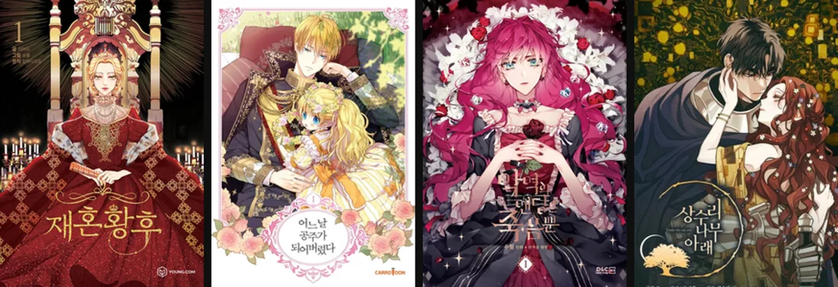 Four romance and villainess manhwa covers: The Remarried Empress, Who Made Me a Princess, Villains Are Destined to Die, and Under the Oak Tree, representing Manta and Tappytoon catalog