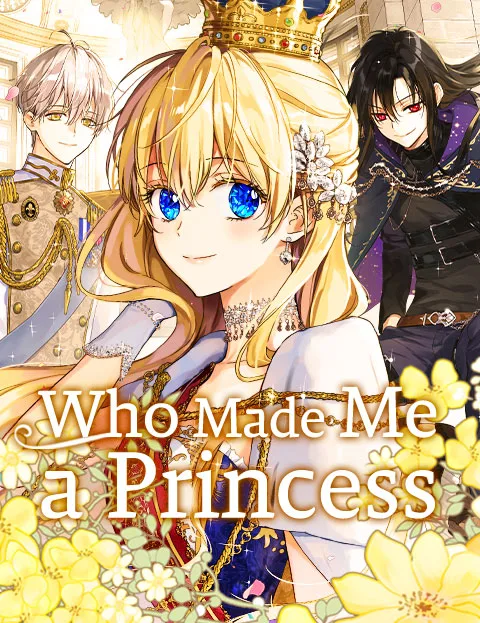 Who Made Me a Princess WEBTOON poster: grown Athanasia in a crown and blue gown, with a silver-haired young man in white and a black-haired, red-eyed young man behind her