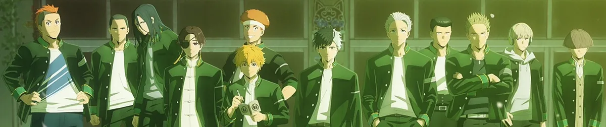 The full Bofurin crew lined up in their green school jackets, Haruka Sakura among them, official WIND BREAKER anime key visual
