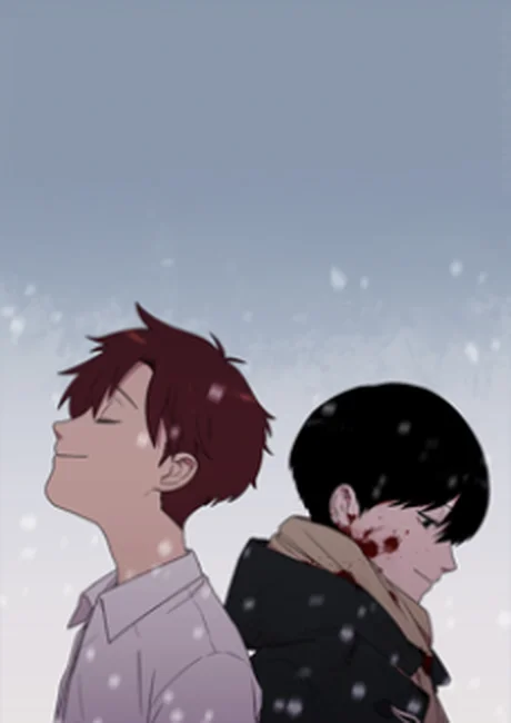 An Uncomfortable Truth manhwa cover art, two boys standing back to back in falling snow, one with a bloodied neck
