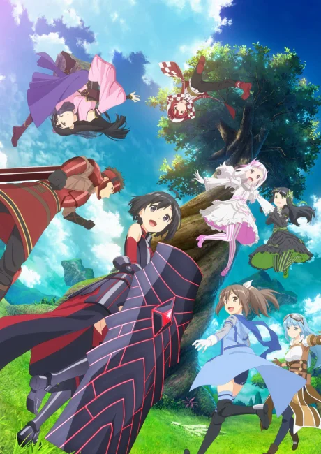 BOFURI key visual showing Maple in black armor with a huge shield leaping through the air with her guildmates under a bright sky