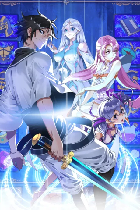 Frenzy Leveling Up System manhua cover showing a swordsman in a white jacket in front of three women in a blue-lit hall