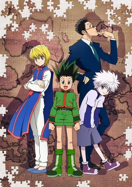 Hunter x Hunter key visual showing Gon, Killua, Kurapika and Leorio standing together in front of a puzzle-piece background