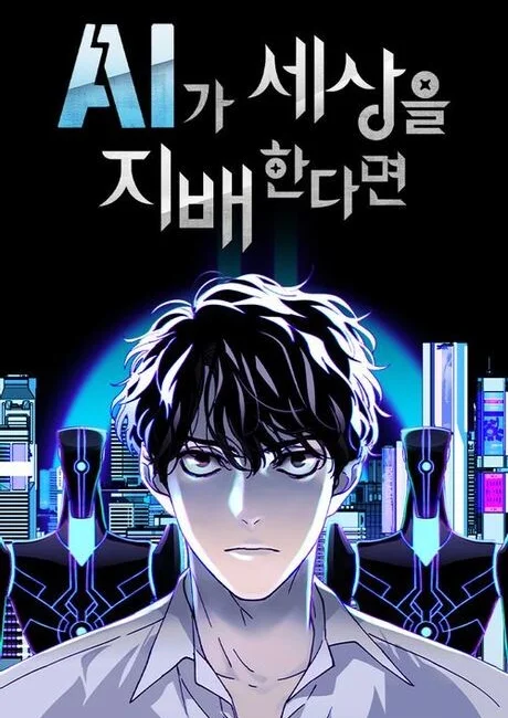 If AI Ruled the World manhwa cover art: a young man standing before glowing blue android silhouettes against a night skyline.