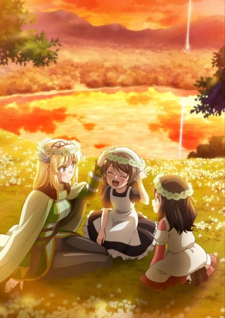 In the Land of Leadale key visual showing Cayna, a blonde high elf in a green cloak, sitting in a field of flowers with two girls at sunset