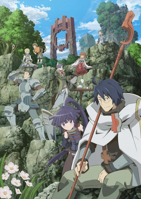 Log Horizon key visual showing Shiroe in a white cloak with a staff, sitting among his party on rocks in front of a ruined tower