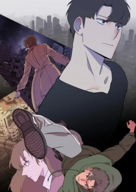 Parallel City manhwa cover art: a man in the foreground with fleeing doppelganger figures collaged across a burning cityscape below.