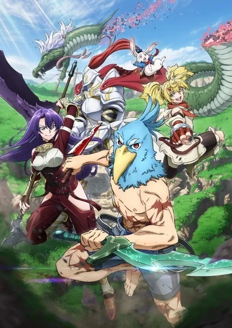 Shangri-La Frontier key visual showing a bird-masked player charging forward with blades as a dragon and other players fly behind him