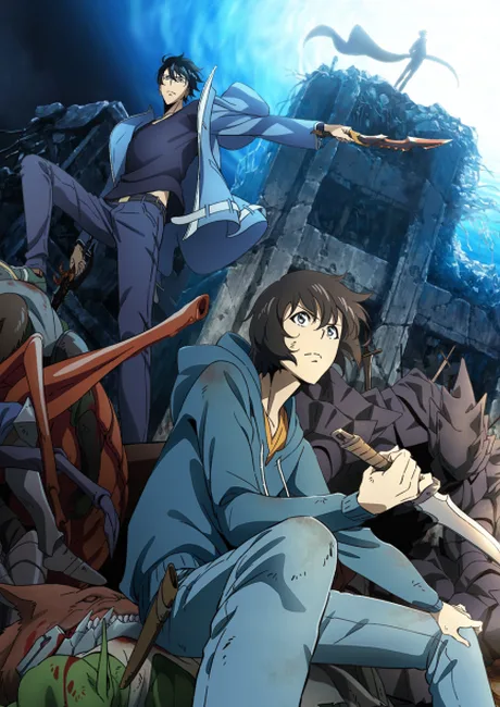 Solo Leveling anime key visual showing Seong Jin-U crouched on rubble with a dagger as a darker figure stands above him on a ruined wall