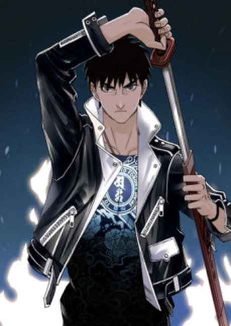 Black-haired swordsman raises a blade overhead while standing against a dark blue background