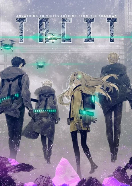 TACIT manhwa cover art: four survivors walking through falling snow past jutting purple crystals as drones hover overhead.