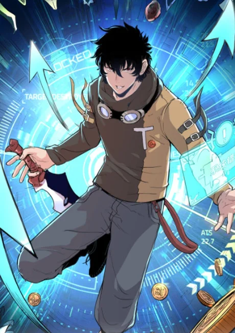 Black-haired gamer in goggles reaches toward a glowing blue game interface