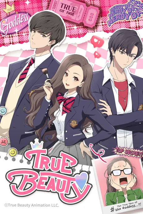 True Beauty anime cover showing Jugyeong in a school uniform between two male classmates, framed by pink True Beauty lettering