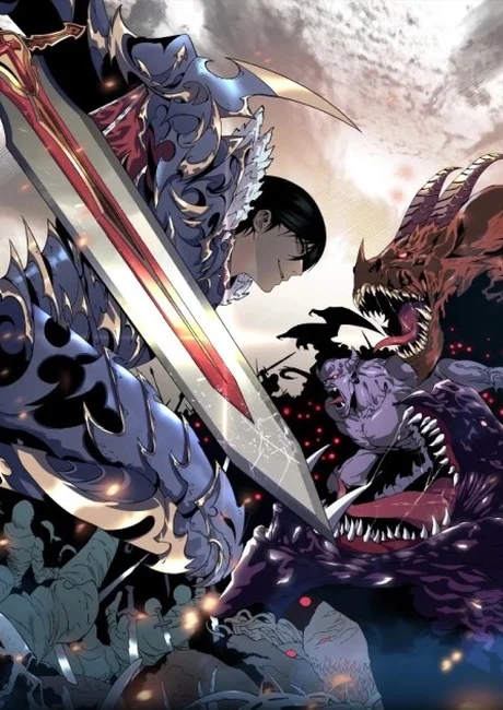 Armored swordsman with a red blade faces snarling alien beasts in a dark battlefield